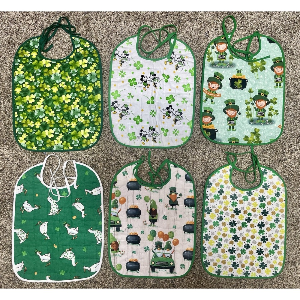 Lot Of 6‎ Quilted Handmade St. Patrick's Day Baby Bibs Large Size 12" X 9"
